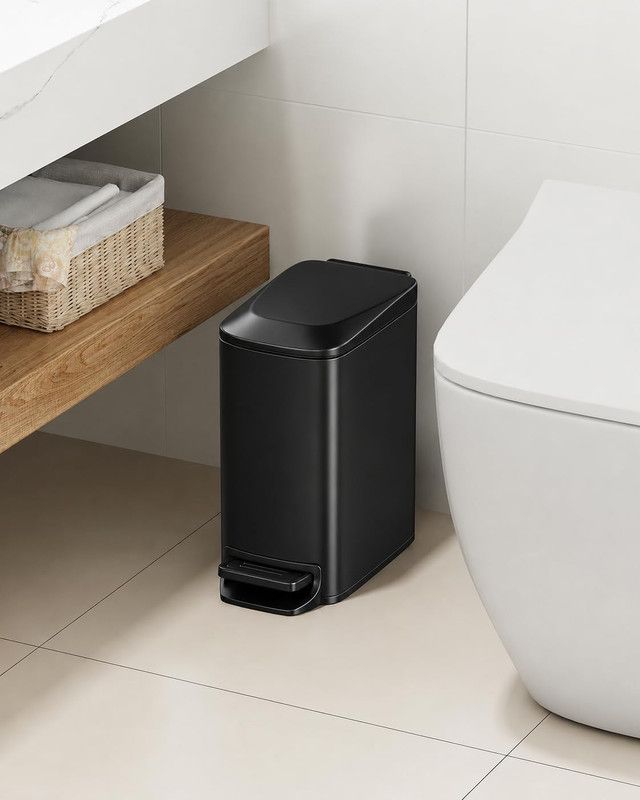 Slim Bathroom Trash Can with Lid Soft Close, Step Pedal, 6 Liter / 1.6 Gallon Stainless Steel Garbage Can with Removable Inner Bucket, Anti-Fingerprint Finish (Matte Black)