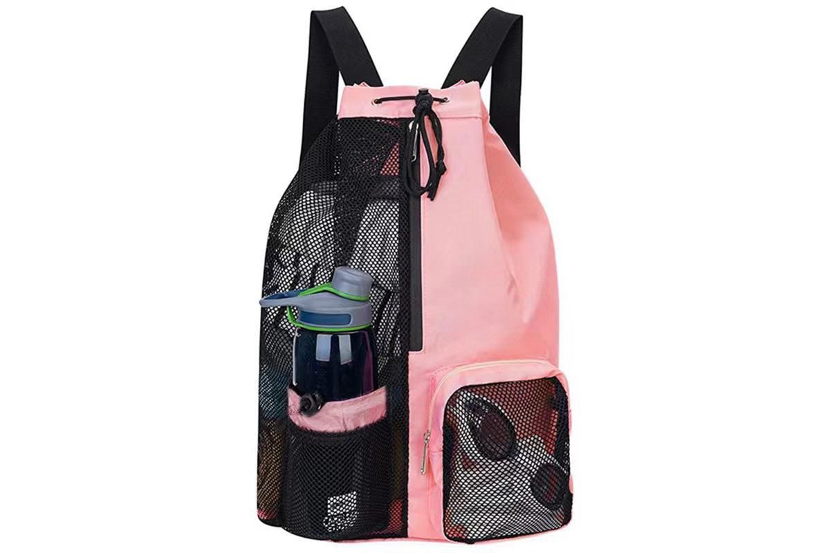 Mesh Beach Backpack with Wet Pocket Drawstring Waterproof Swimming Gym Bag for Men Women - Pink