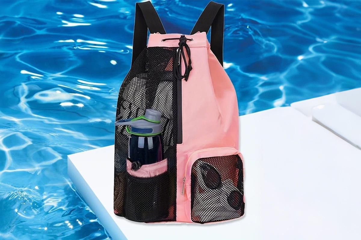 Mesh Beach Backpack with Wet Pocket Drawstring Waterproof Swimming Gym Bag for Men Women - Pink