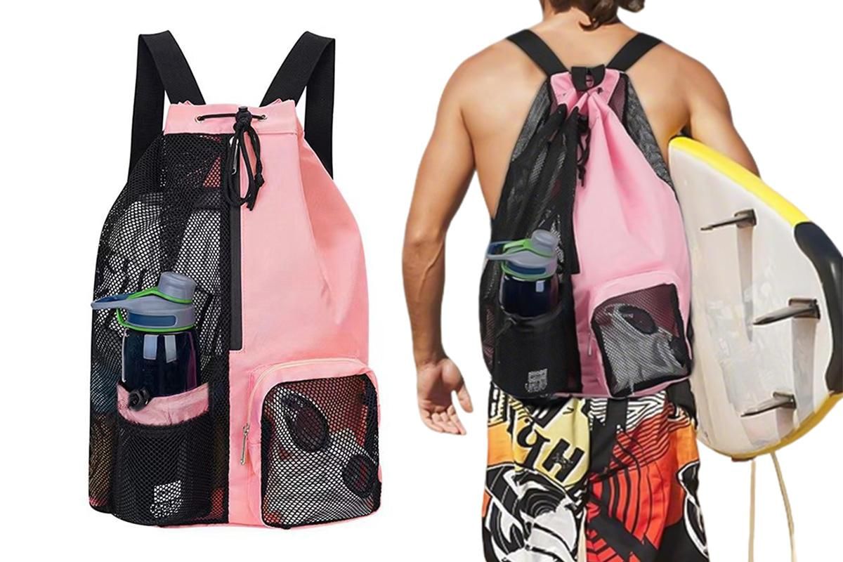Mesh Beach Backpack with Wet Pocket Drawstring Waterproof Swimming Gym Bag for Men Women - Pink