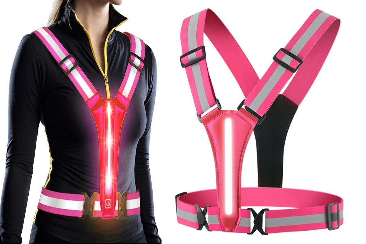 LED Reflective Vest Running Gear USB Rechargeable LED Light Up Vest High Visibility with Adjustable Waist and Shoulde for Night Walking Cycling, High Visibility Running Vest with Reflective Strips -Pink