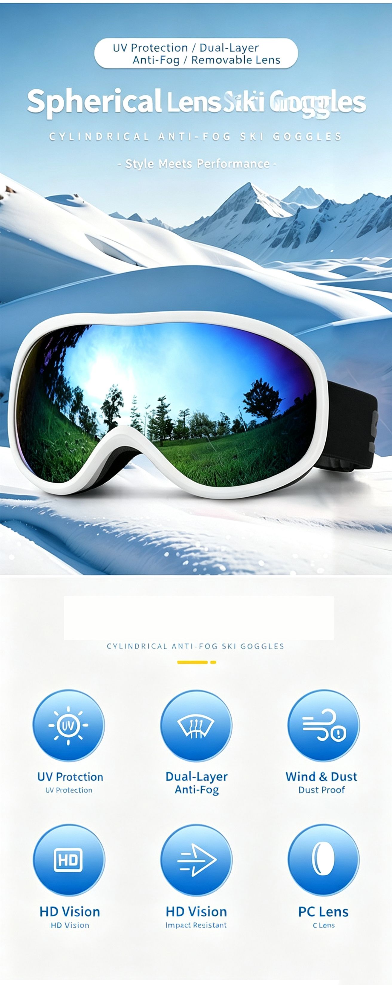 Winter Double-Layer Anti-Fog Spherical Ski Goggles,Sand white+imitation powder flakes