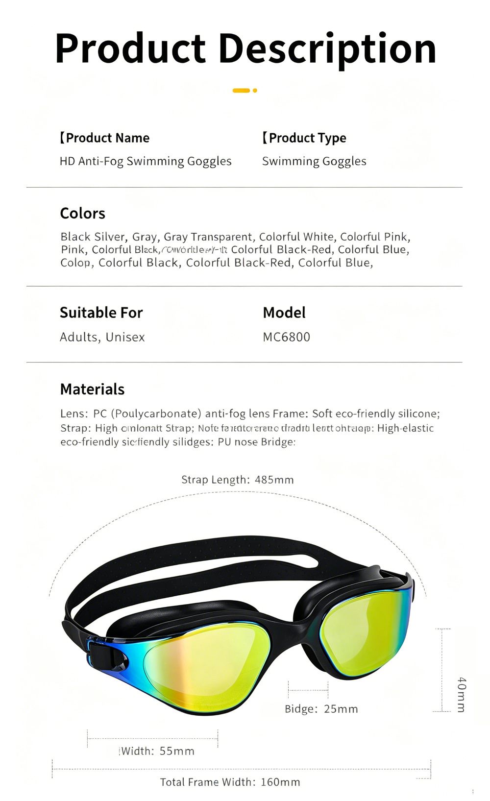 High definition silicone waterproof and anti fog adult swimming goggles,Grey