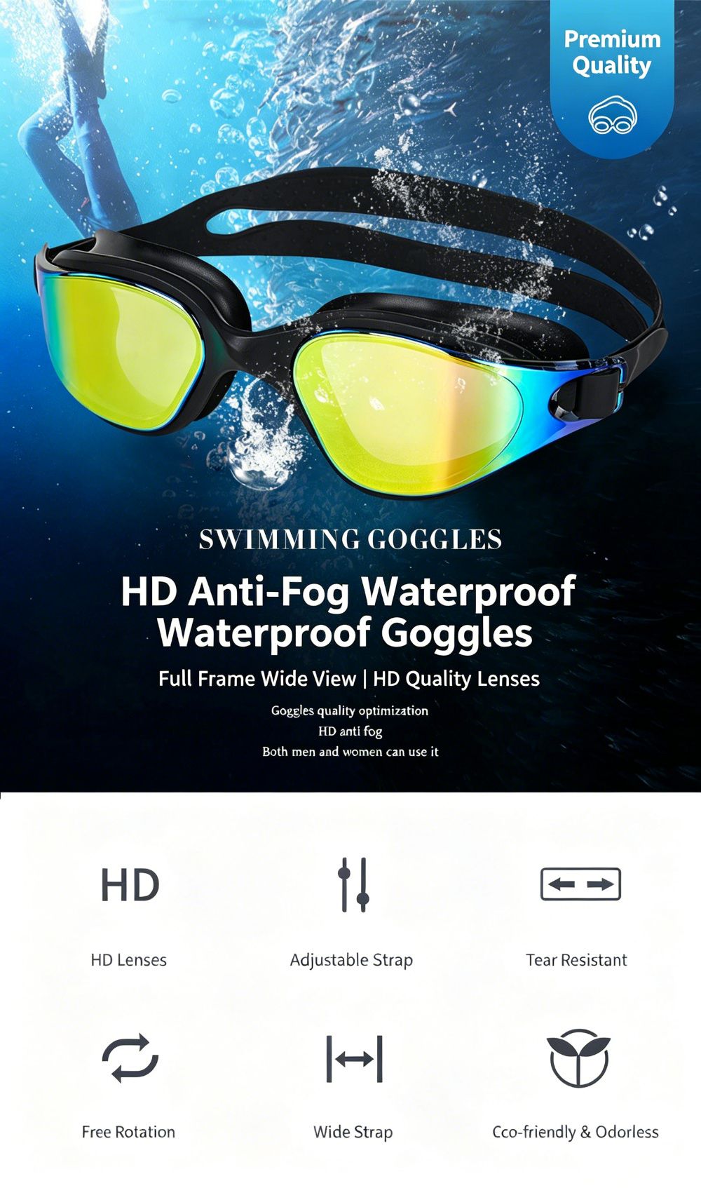 High definition silicone waterproof and anti fog adult swimming goggles,white