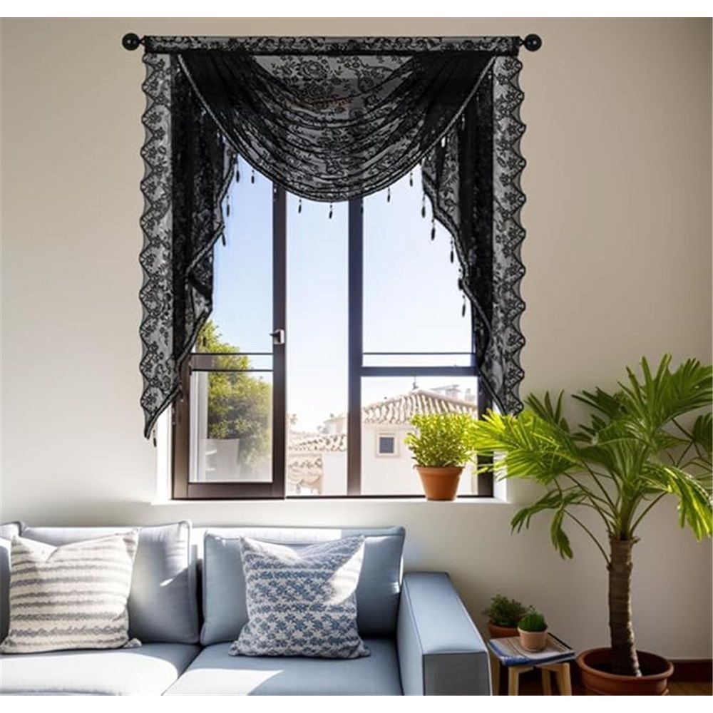 Lace Beaded Waterfall Valances for Windows Floral Vintage Sheer Kitchen Window Curtains Over Sink Curtain Valance for Living Room Bedroom Bathroom Cafe (Black,1m)