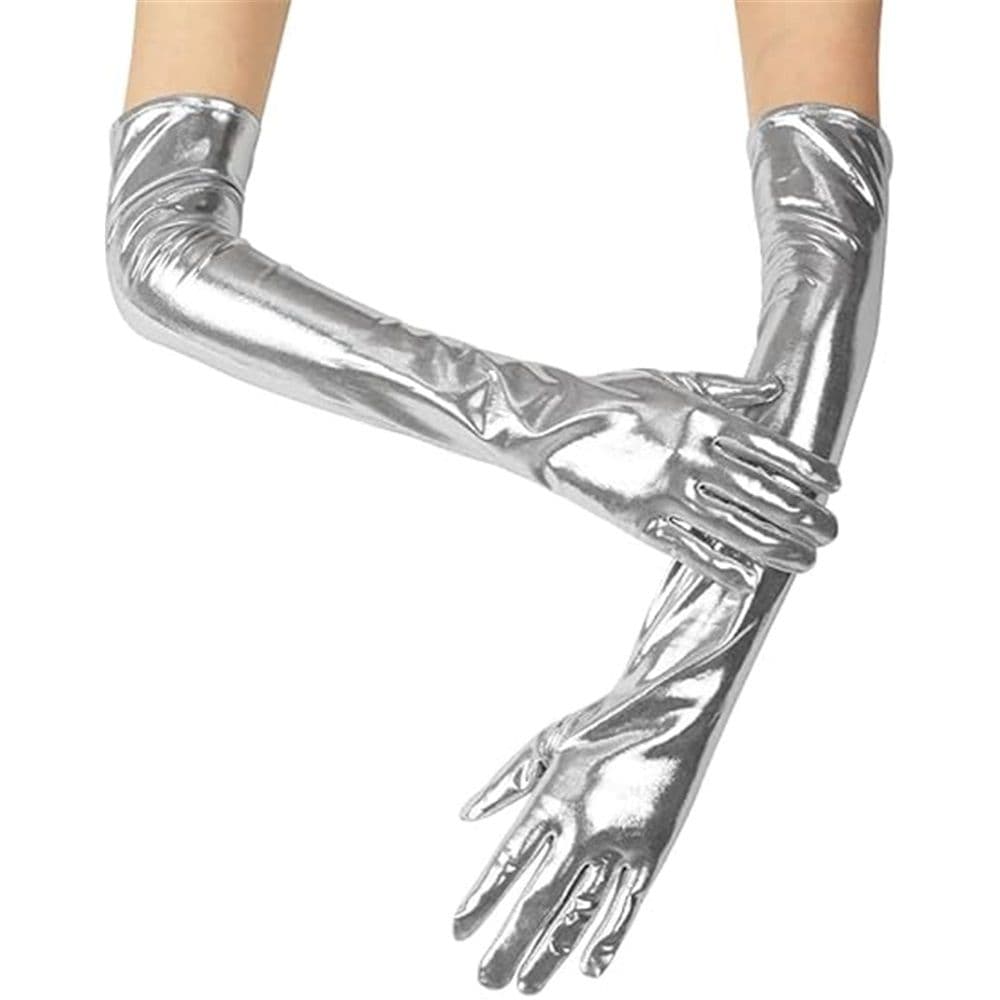 two pairs Sparkling metal long gloves role-playing party gloves costume opera gloves makeup performance props（silvery）