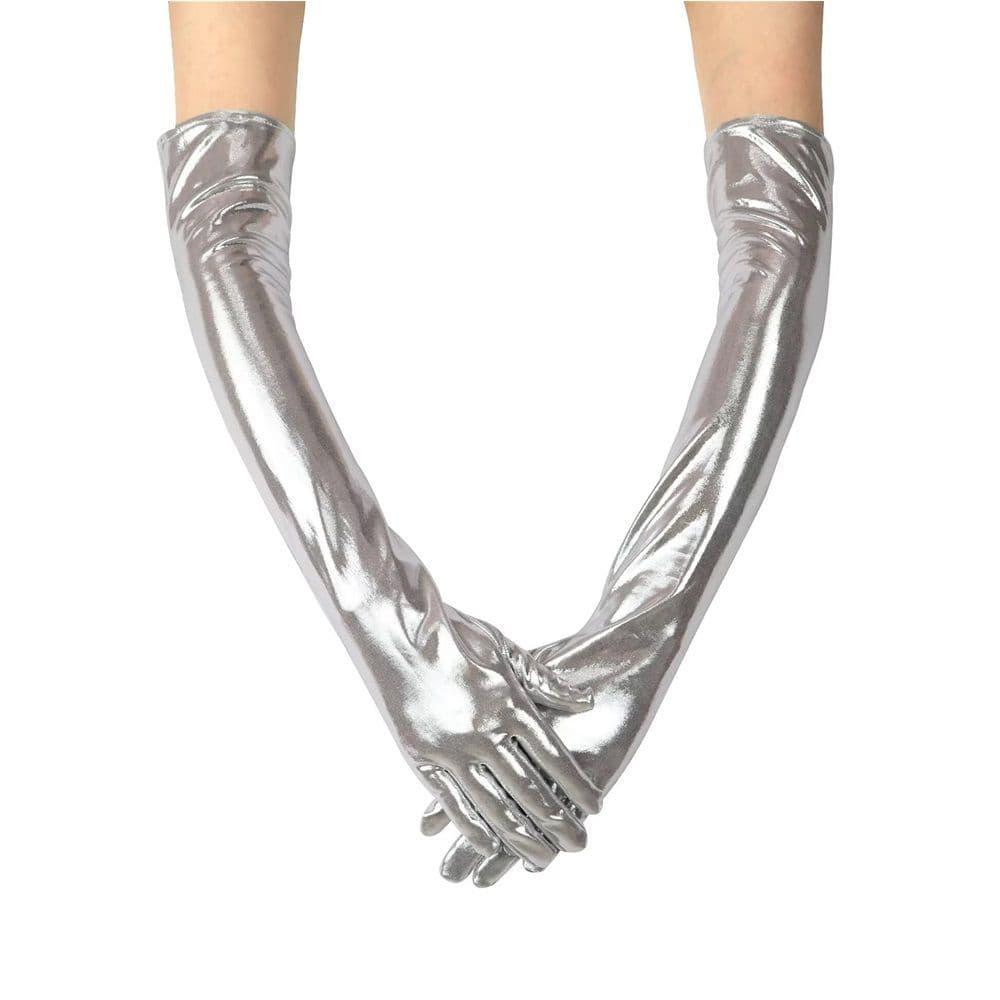 two pairs Sparkling metal long gloves role-playing party gloves costume opera gloves makeup performance props（silvery）