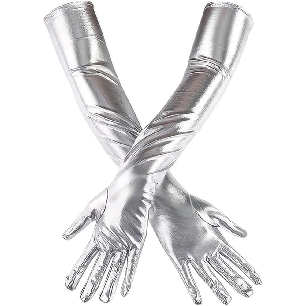two pairs Sparkling metal long gloves role-playing party gloves costume opera gloves makeup performance props（silvery）