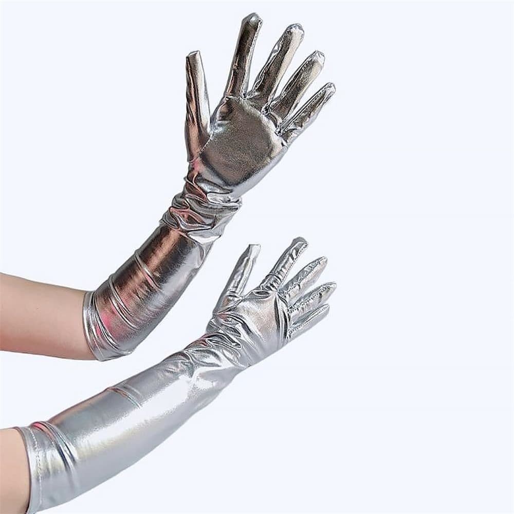 two pairs Sparkling metal long gloves role-playing party gloves costume opera gloves makeup performance props（silvery）