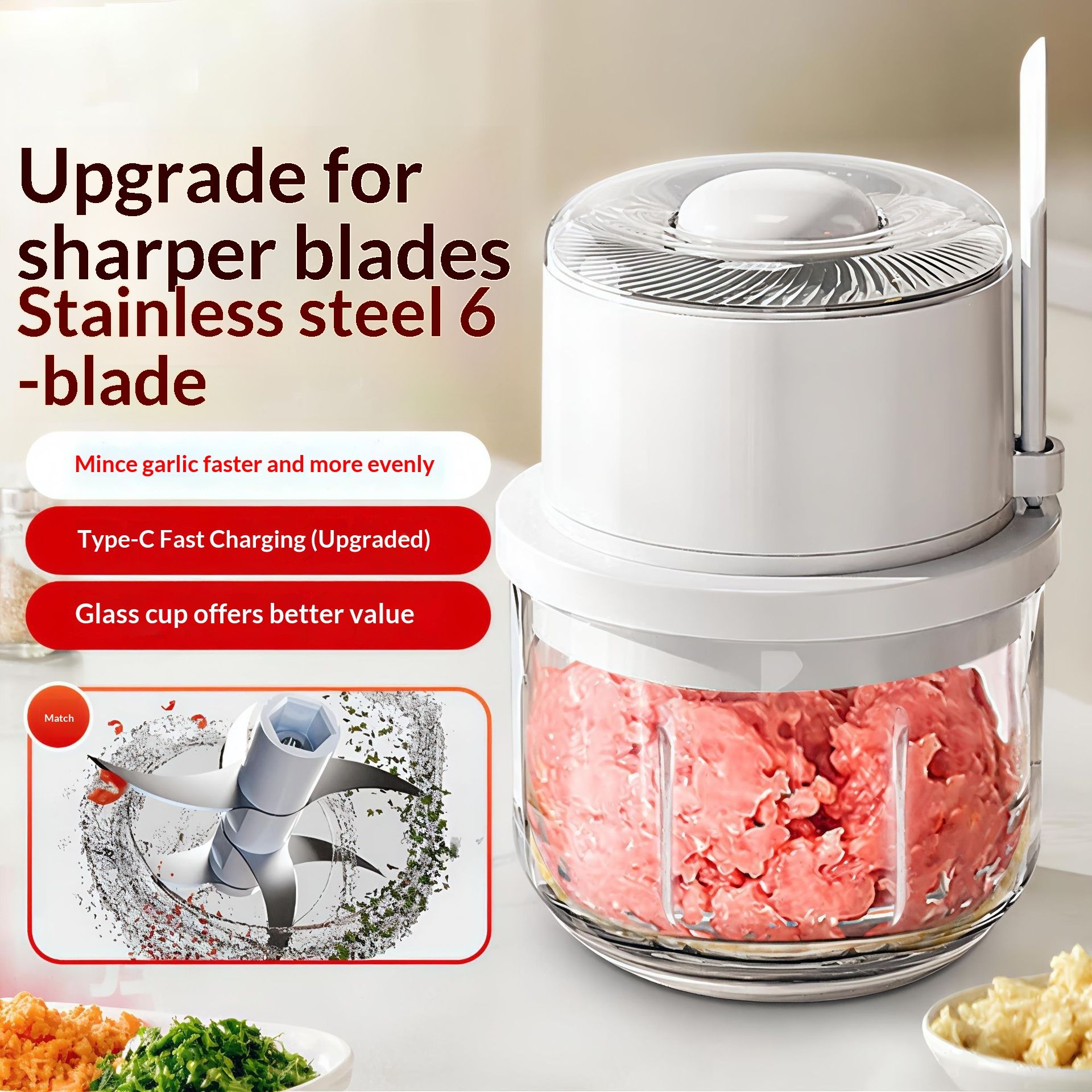 Electric Garlic Chopper and Mincer, Mini Portable Veggie Cutter for Ginger Vegetables Pepper, 350ml Glass Cup Safe 6-Blade Small Vegetable Chopper with Auto Shut-Off