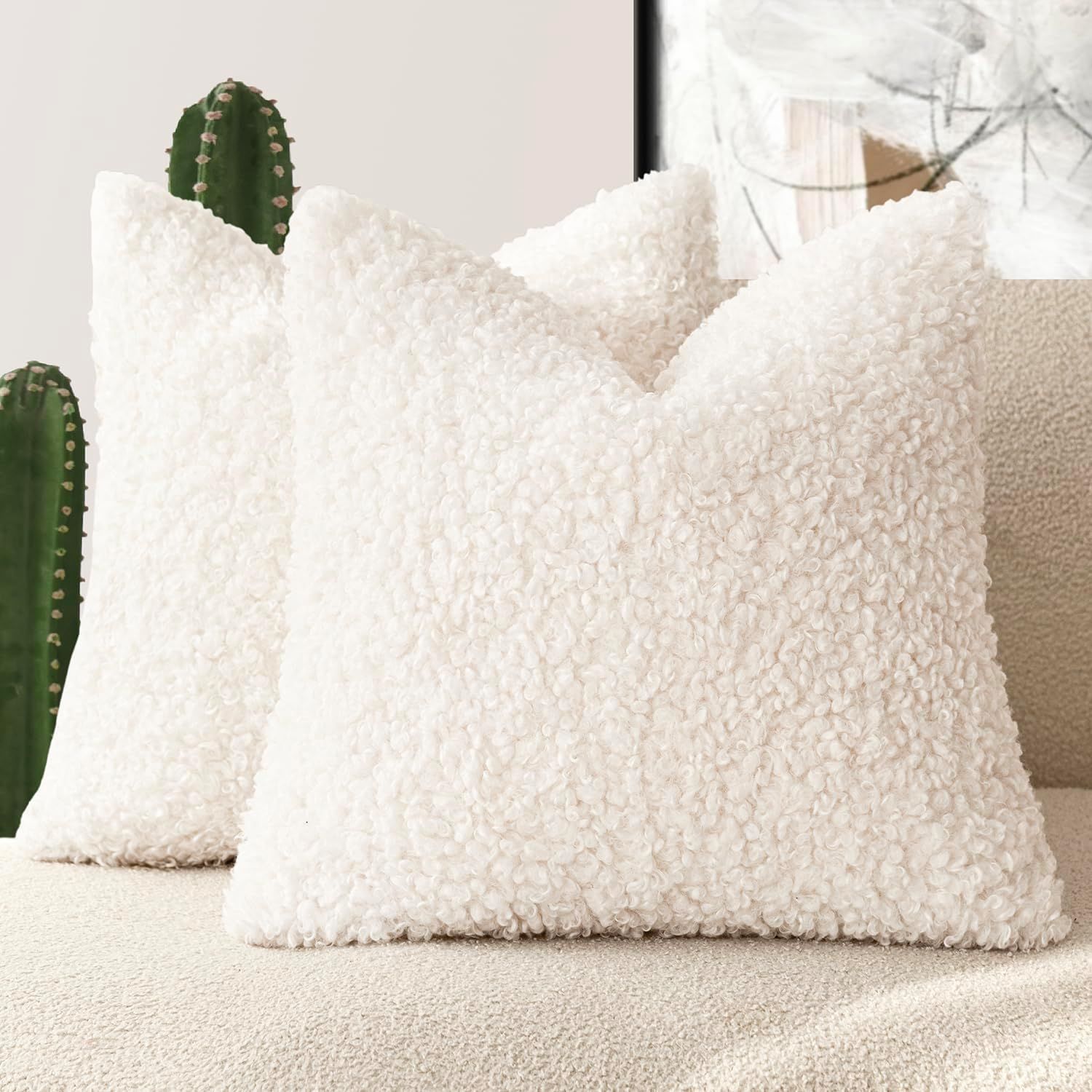 2 artificial fur pillowcases, soft pillowcases, decorative wool roll pillowcases, suitable for beds, sofas, living rooms, white（without pillow core）