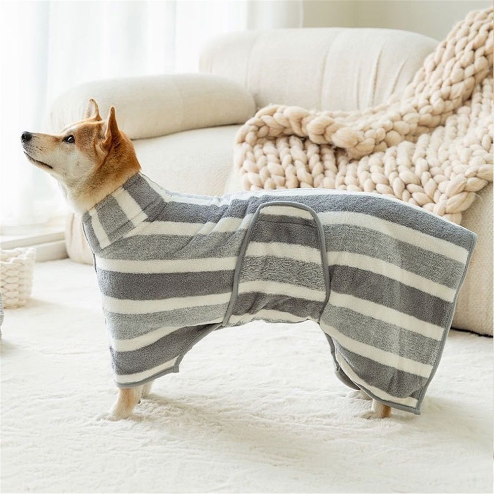 Coral fleece dog bathrobe towel, super absorbent dog towel, adjustable, suitable for smallto large dogs (XS gray stripes)