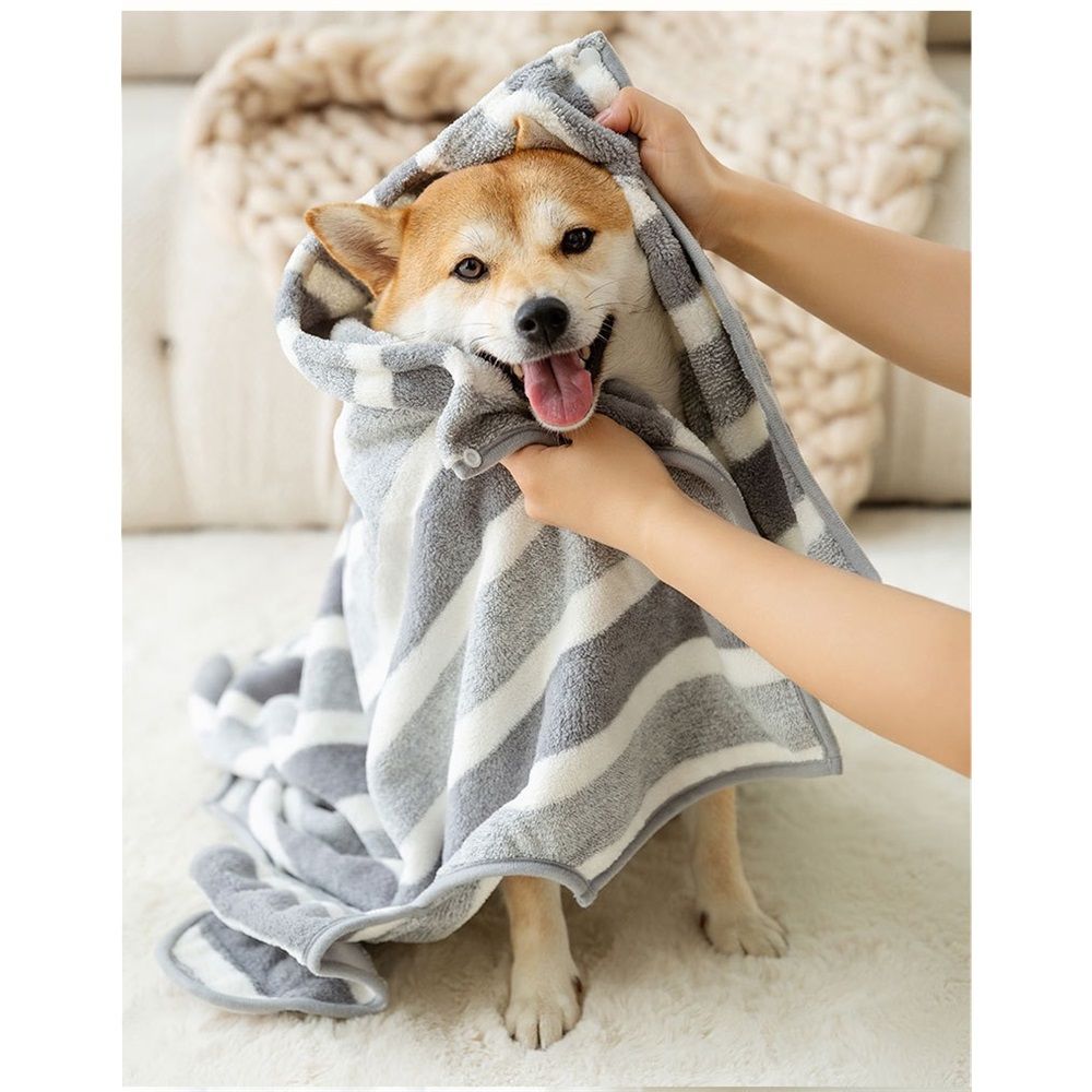 Coral fleece dog bathrobe towel, super absorbent dog towel, adjustable, suitable for smallto large dogs (XS gray stripes)