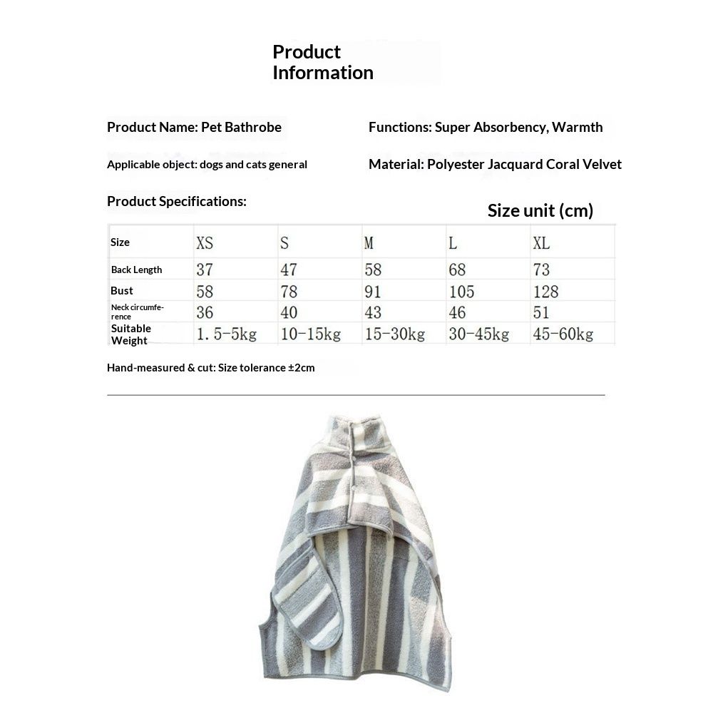 Coral fleece dog bathrobe towel, super absorbent dog towel, adjustable, suitable for smallto large dogs (XS gray stripes)