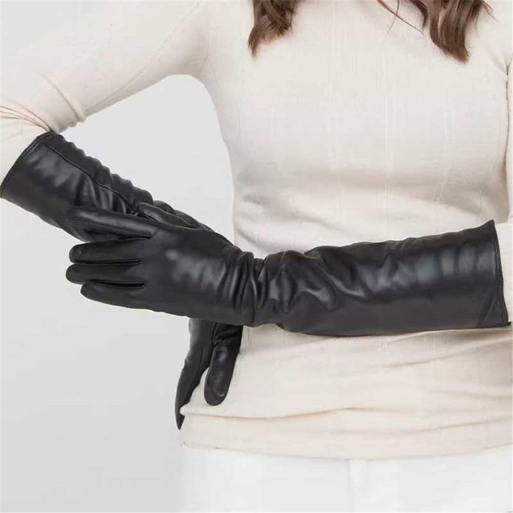 1 pair of LONG LEATHER GLOVES Women‘s Black Faux PU 38CM Over Elbow Winter Arm Warmer Full Finger for Halloween Costumes