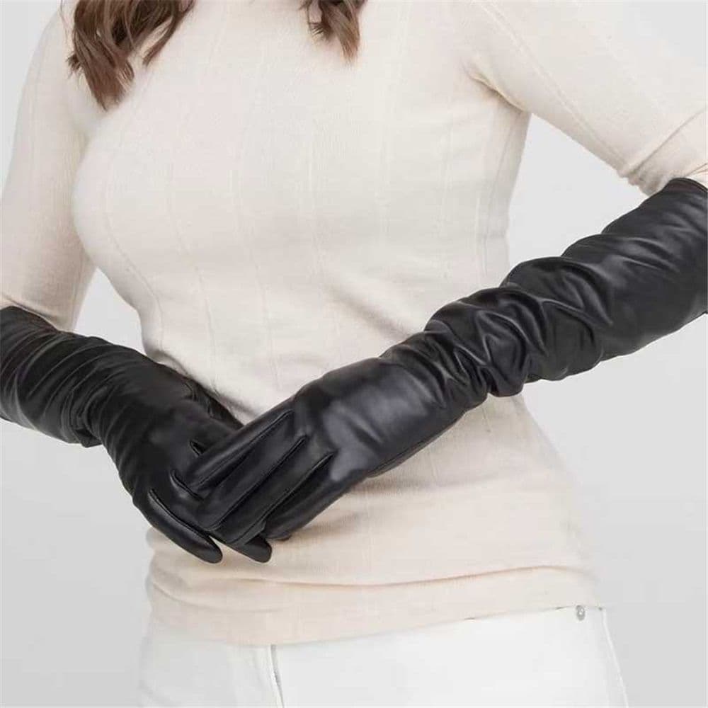 1 pair of LONG LEATHER GLOVES Women‘s Black Faux PU 38CM Over Elbow Winter Arm Warmer Full Finger for Halloween Costumes