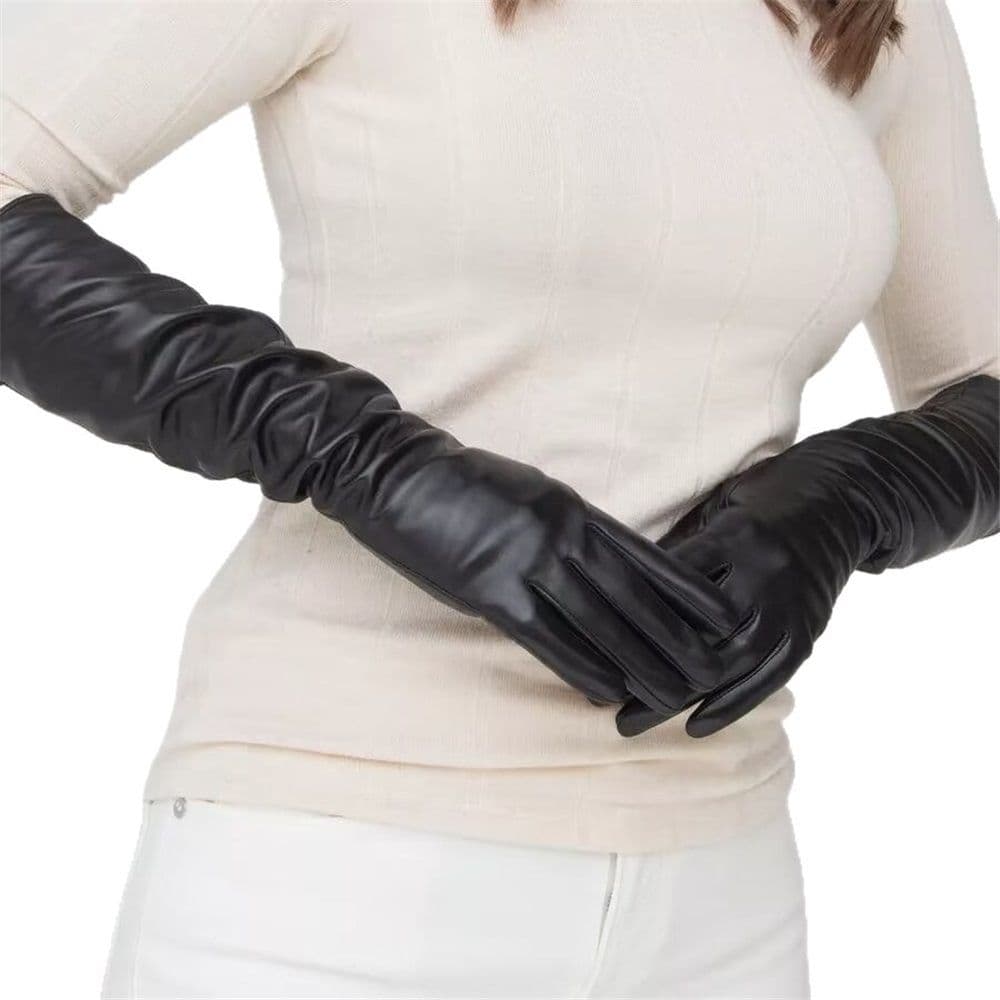 1 pair of LONG LEATHER GLOVES Women‘s Black Faux PU 38CM Over Elbow Winter Arm Warmer Full Finger for Halloween Costumes