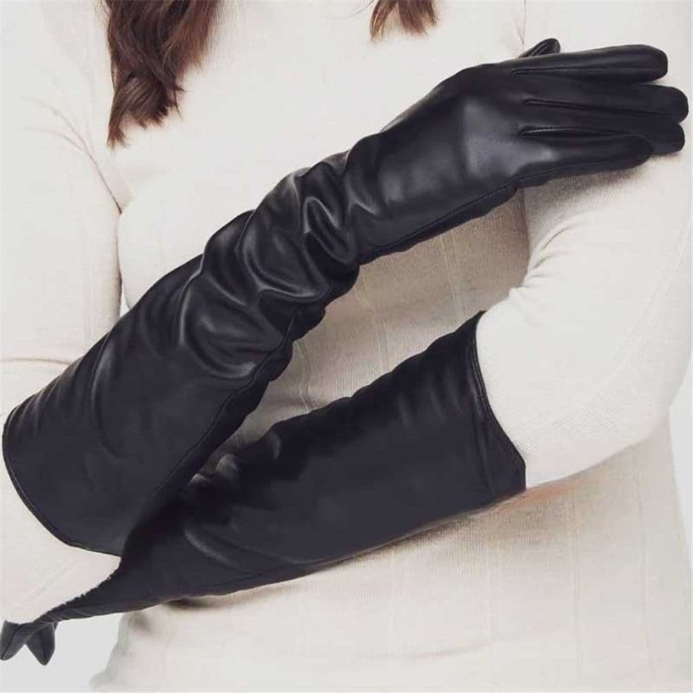 1 pair of LONG LEATHER GLOVES Women‘s Black Faux PU 38CM Over Elbow Winter Arm Warmer Full Finger for Halloween Costumes