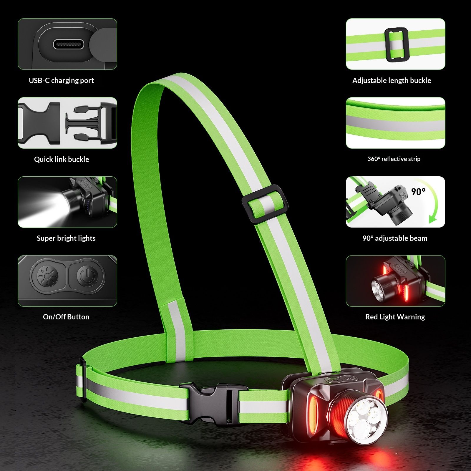High-Visibility Running Lights for Runners, Adjustable Beam & 360° Reflective Vest,Waterproof Running Vest Light for Night Walking/Cycling/Jogging(Single shoulder strap)
