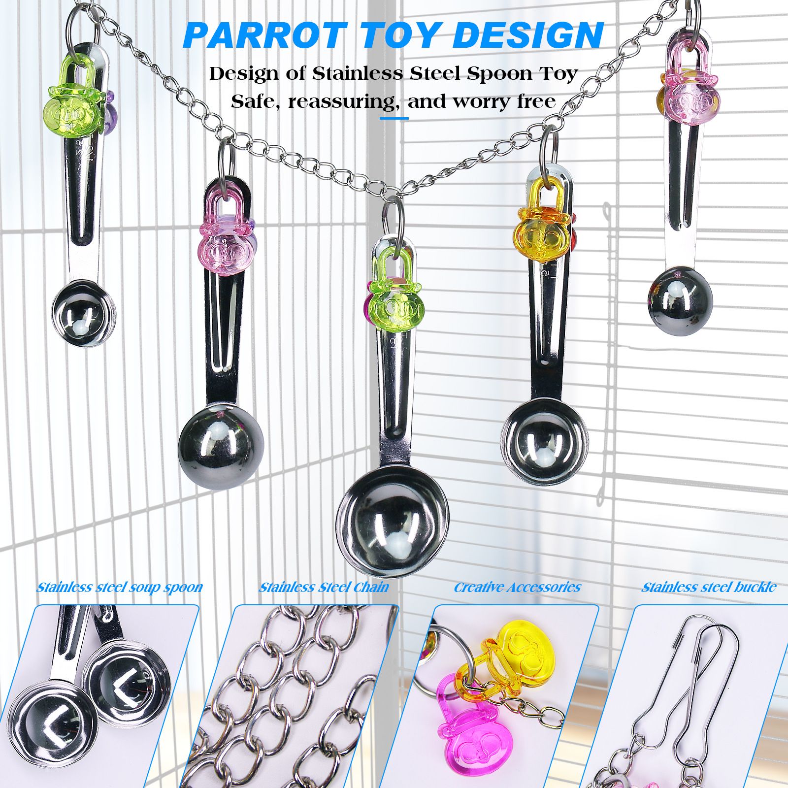 Bird stainless steel toy, safe and stable spoon chewing toy parrot, long tailed parrot, parrot, parrot colored pendant toy,