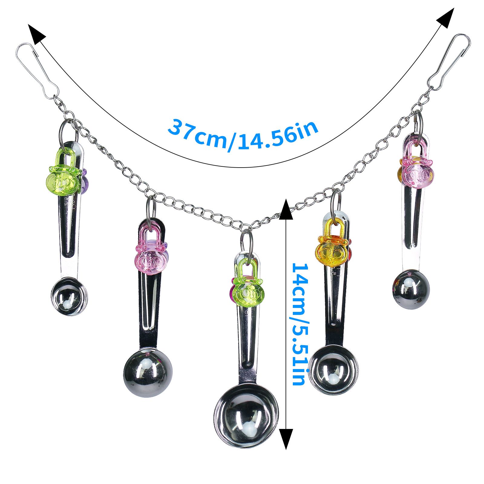 Bird stainless steel toy, safe and stable spoon chewing toy parrot, long tailed parrot, parrot, parrot colored pendant toy,