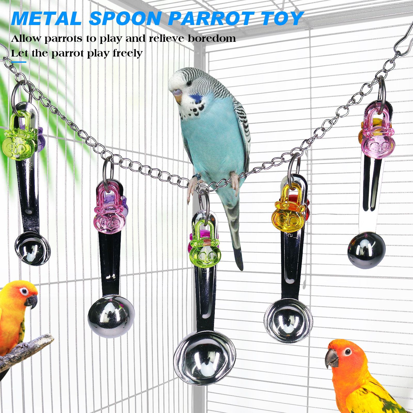 Bird stainless steel toy, safe and stable spoon chewing toy parrot, long tailed parrot, parrot, parrot colored pendant toy,