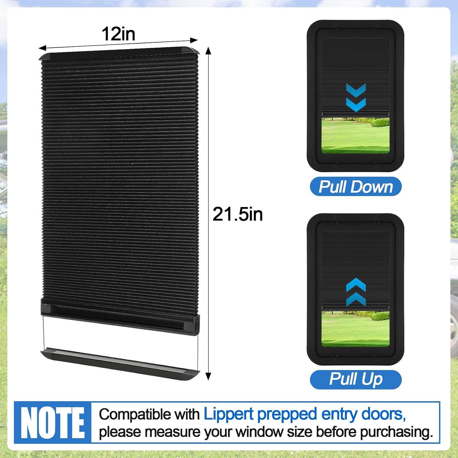 RV Thin Pleated Shade Replacement Compatible with Prepped Entry Doors/Thin Shade Ready Entry Door,12” x 21” RV Window Blinds for Camper Travel Trailers