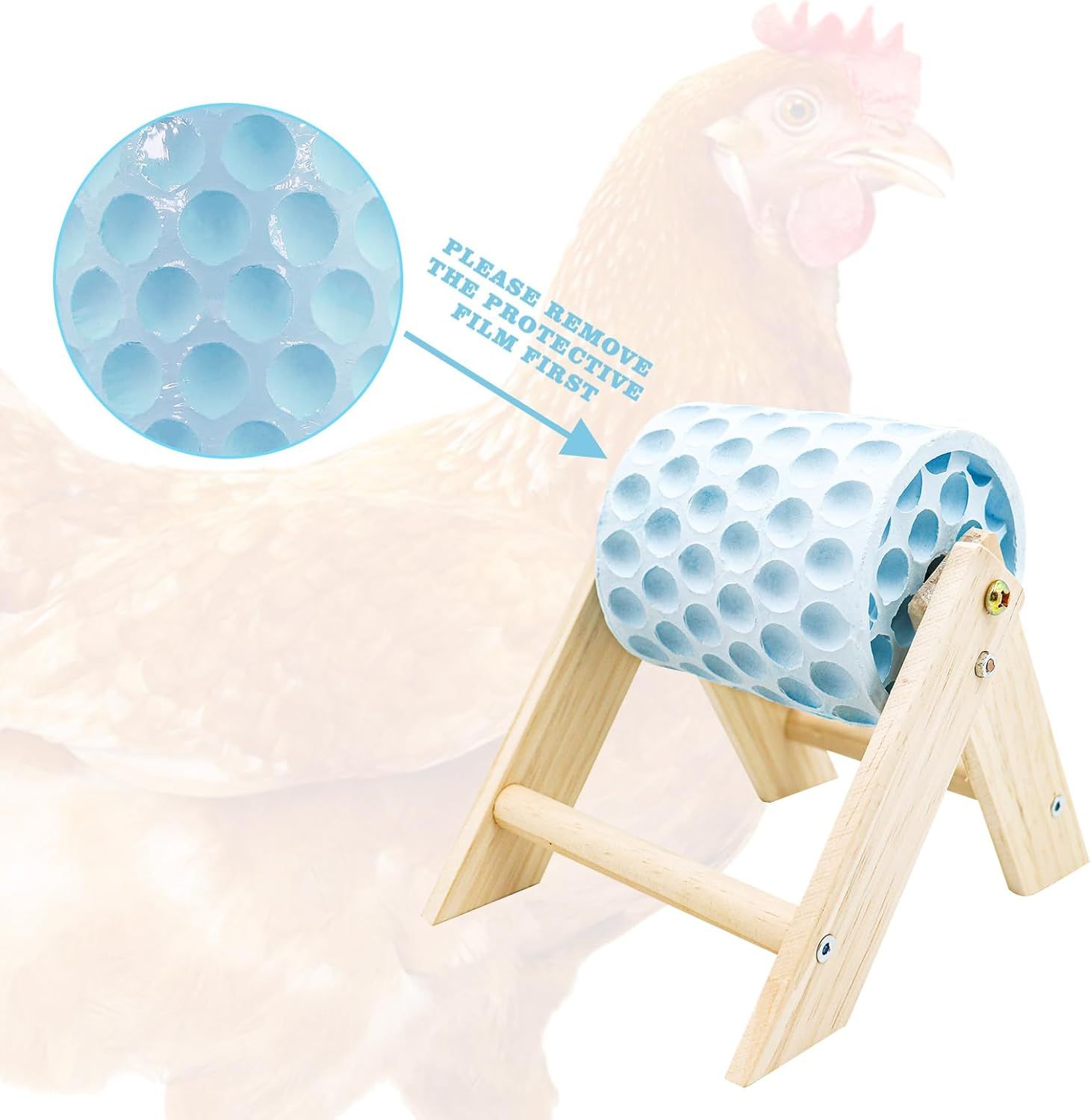 Chicken Coop Accessories, Beak Grinding Calcium Stone with Wooden Stand, Chicken Enrichment Toys, Toys for Hens, Ducks, Geese, Turkeys, Poultry, Blue