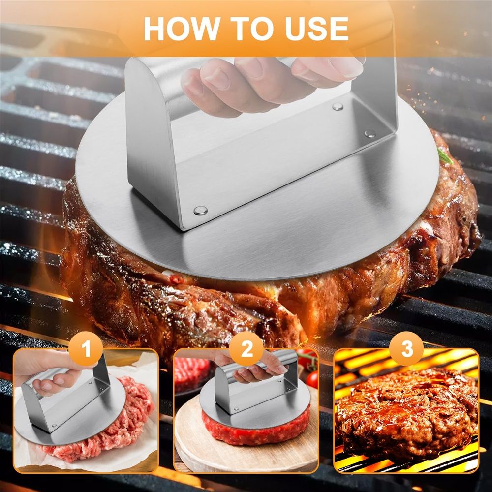 6.3” Burger Smasher | for Griddle Grill Pan Skillet | Weight Gain Flat Presser Smashburger Maker 304 Stainless Steel | Meat Bacon Sandwich Panini | Tool Kit for BBQ Lover