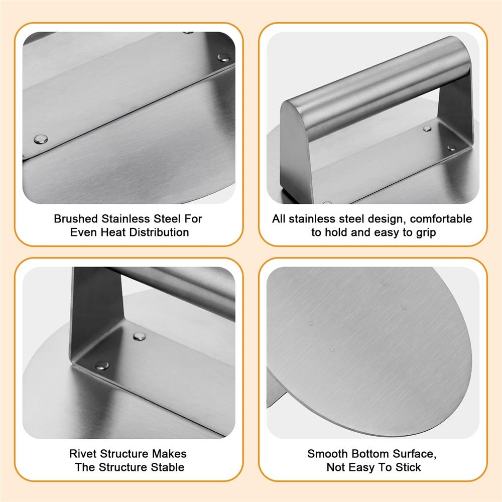6.3” Burger Smasher | for Griddle Grill Pan Skillet | Weight Gain Flat Presser Smashburger Maker 304 Stainless Steel | Meat Bacon Sandwich Panini | Tool Kit for BBQ Lover