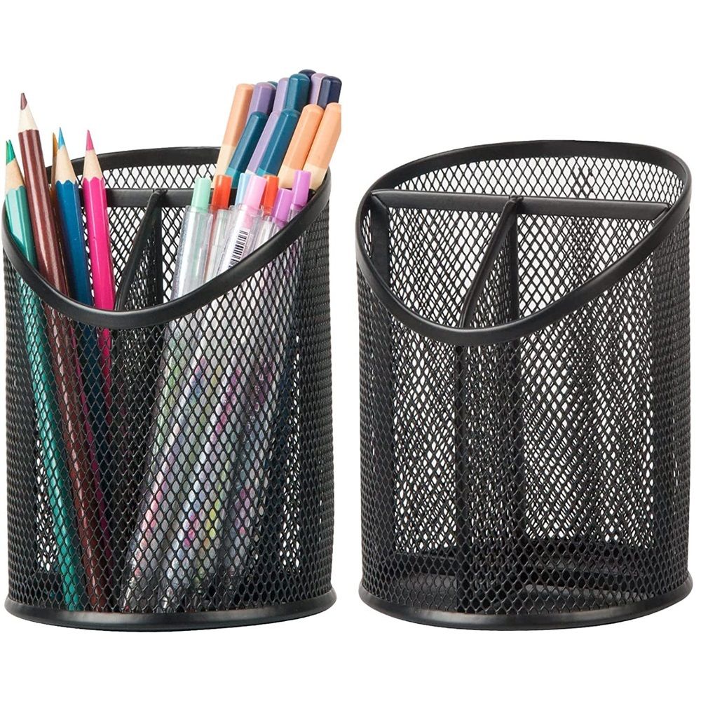 2 Pack Mesh Pencil Holder Pen Cup for Desk Round Black Pen Holder Desktop Pen Organizer 3 Compartments Pencil Organizer Desk Organizer for Office Home School