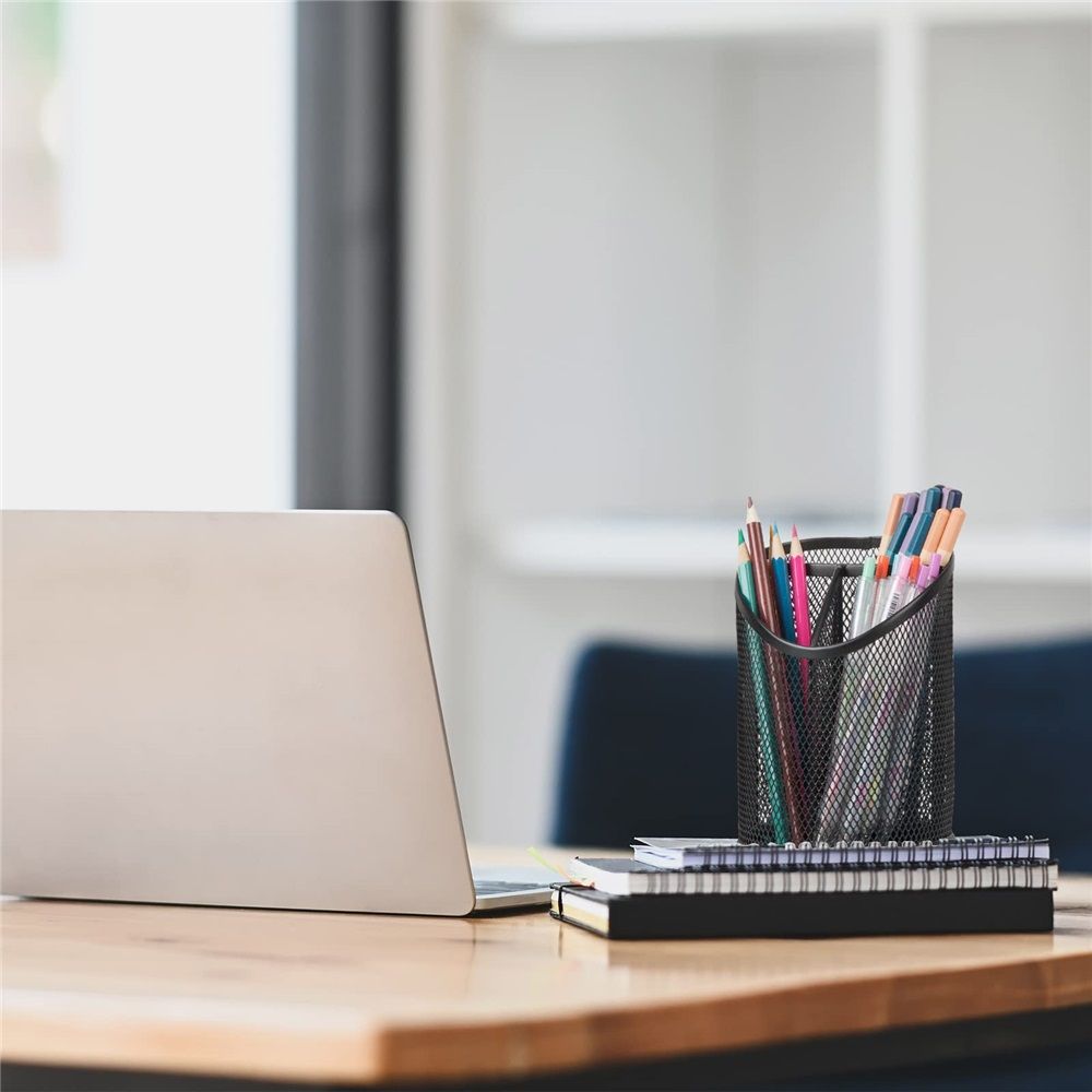 2 Pack Mesh Pencil Holder Pen Cup for Desk Round Black Pen Holder Desktop Pen Organizer 3 Compartments Pencil Organizer Desk Organizer for Office Home School