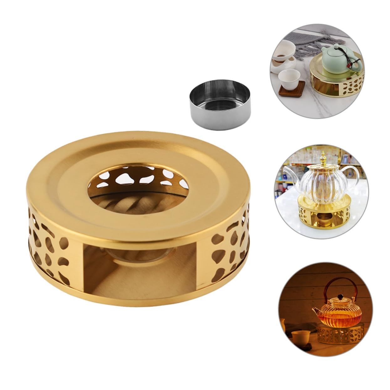 Stainless Steel Round Teapot Heater Base with Tealight Holder Portable Tea Warmer Candle for Home Office Cafe Keeps Tea Warm Stylish Multi Use Heating Stand（Porous style）