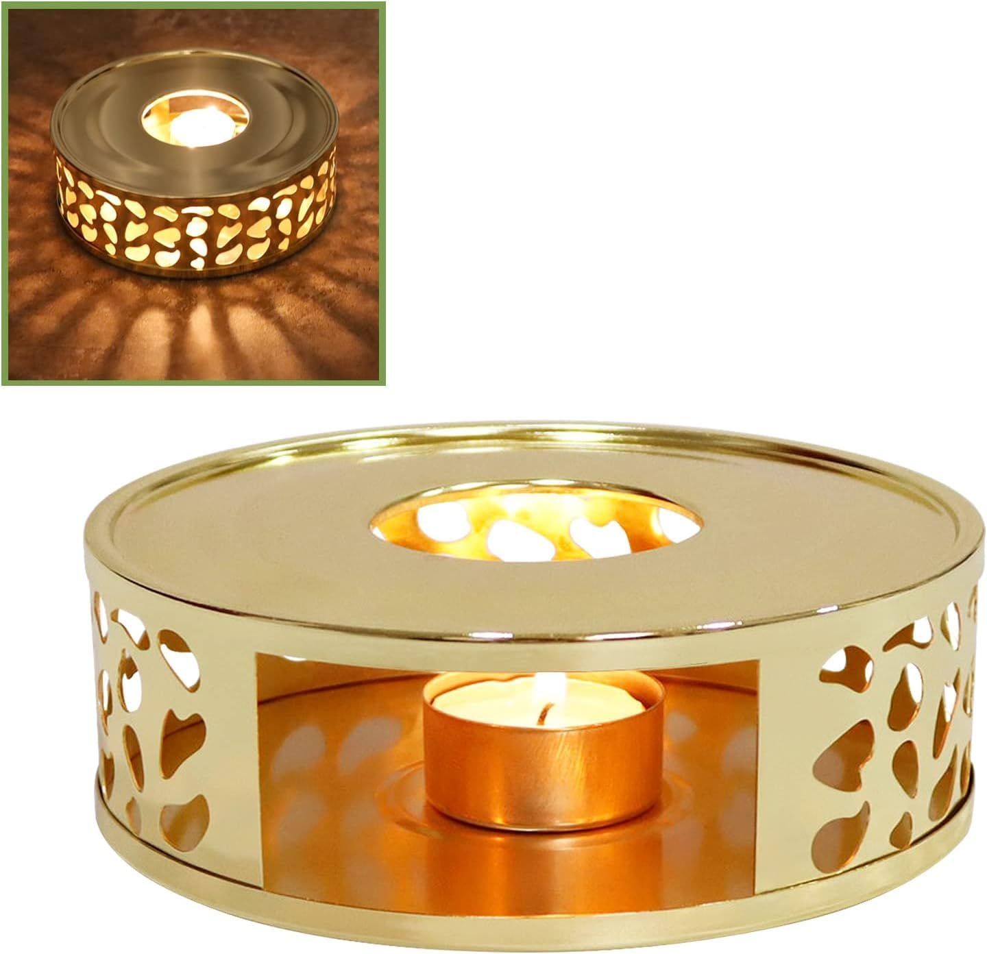 Stainless Steel Round Teapot Heater Base with Tealight Holder Portable Tea Warmer Candle for Home Office Cafe Keeps Tea Warm Stylish Multi Use Heating Stand（Porous style）