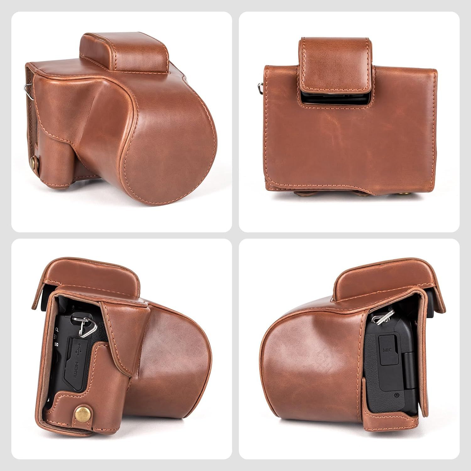 Protective Case for Canon EOS R50/R100 Camera and 18-45mm Lens, PU Leather EOSR50 R100 Camera Bag Including Half Case, Flip Cover, Shoulder Strap and Storage Pocket