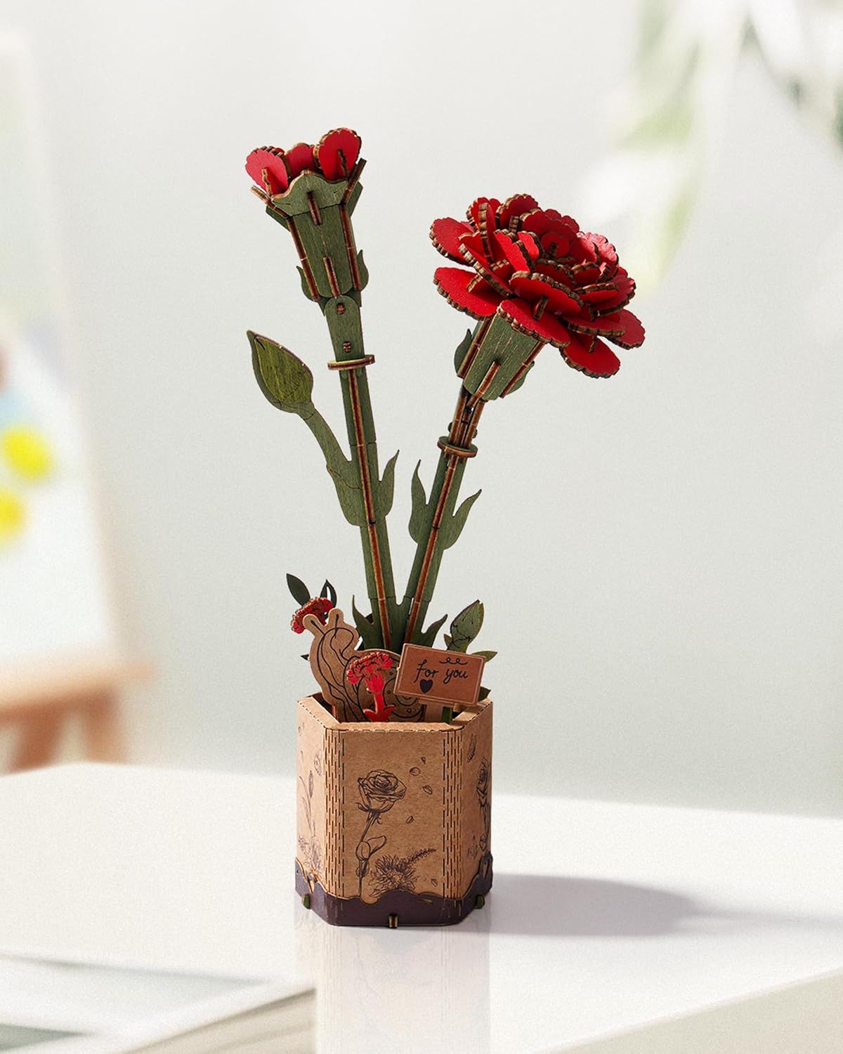 3D Flower Wooden Puzzles for Adults-Red Carnation, DIY Wooden Flowers Model Kit Building Set Crafts for Adults to Build, Botanical Collection/Ideal Creative Gift Ideas/Housewarming (124PCS)