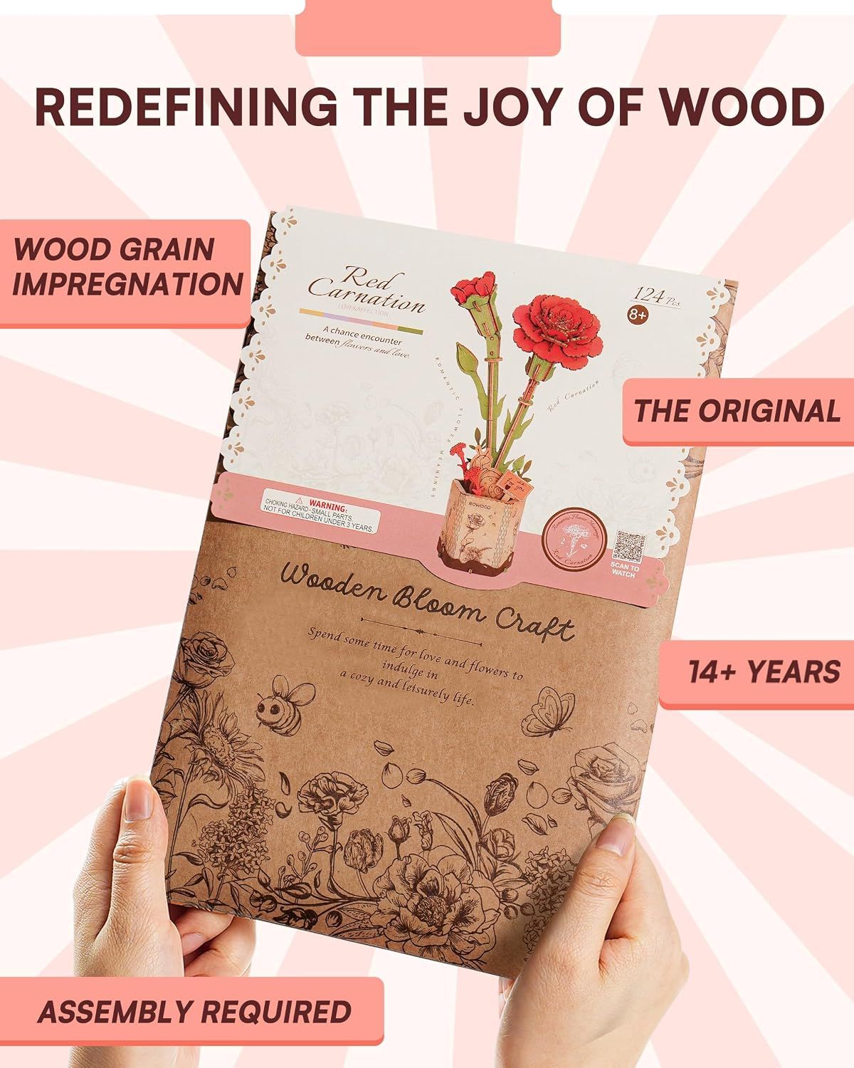 3D Flower Wooden Puzzles for Adults-Red Carnation, DIY Wooden Flowers Model Kit Building Set Crafts for Adults to Build, Botanical Collection/Ideal Creative Gift Ideas/Housewarming (124PCS)