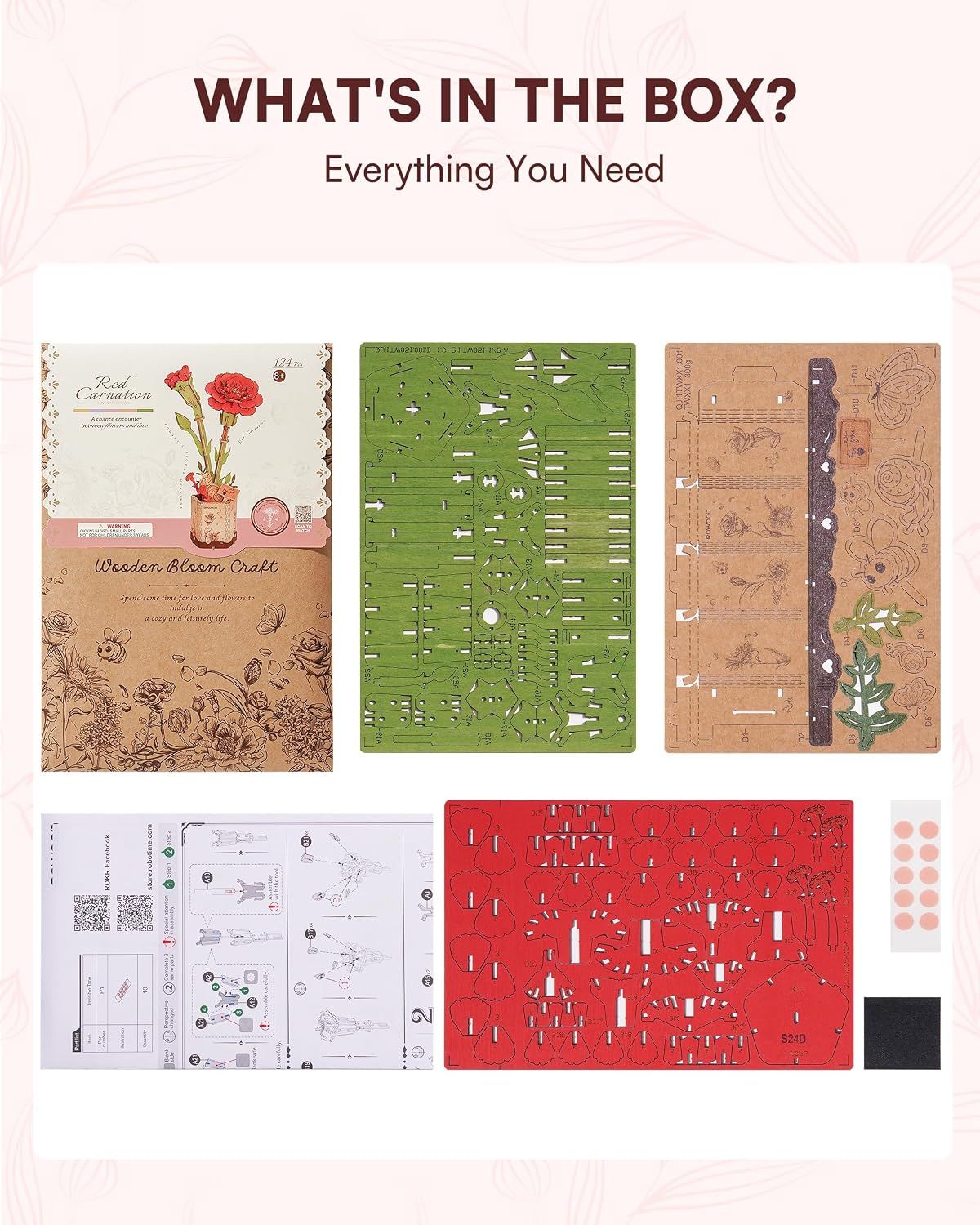3D Flower Wooden Puzzles for Adults-Red Carnation, DIY Wooden Flowers Model Kit Building Set Crafts for Adults to Build, Botanical Collection/Ideal Creative Gift Ideas/Housewarming (124PCS)