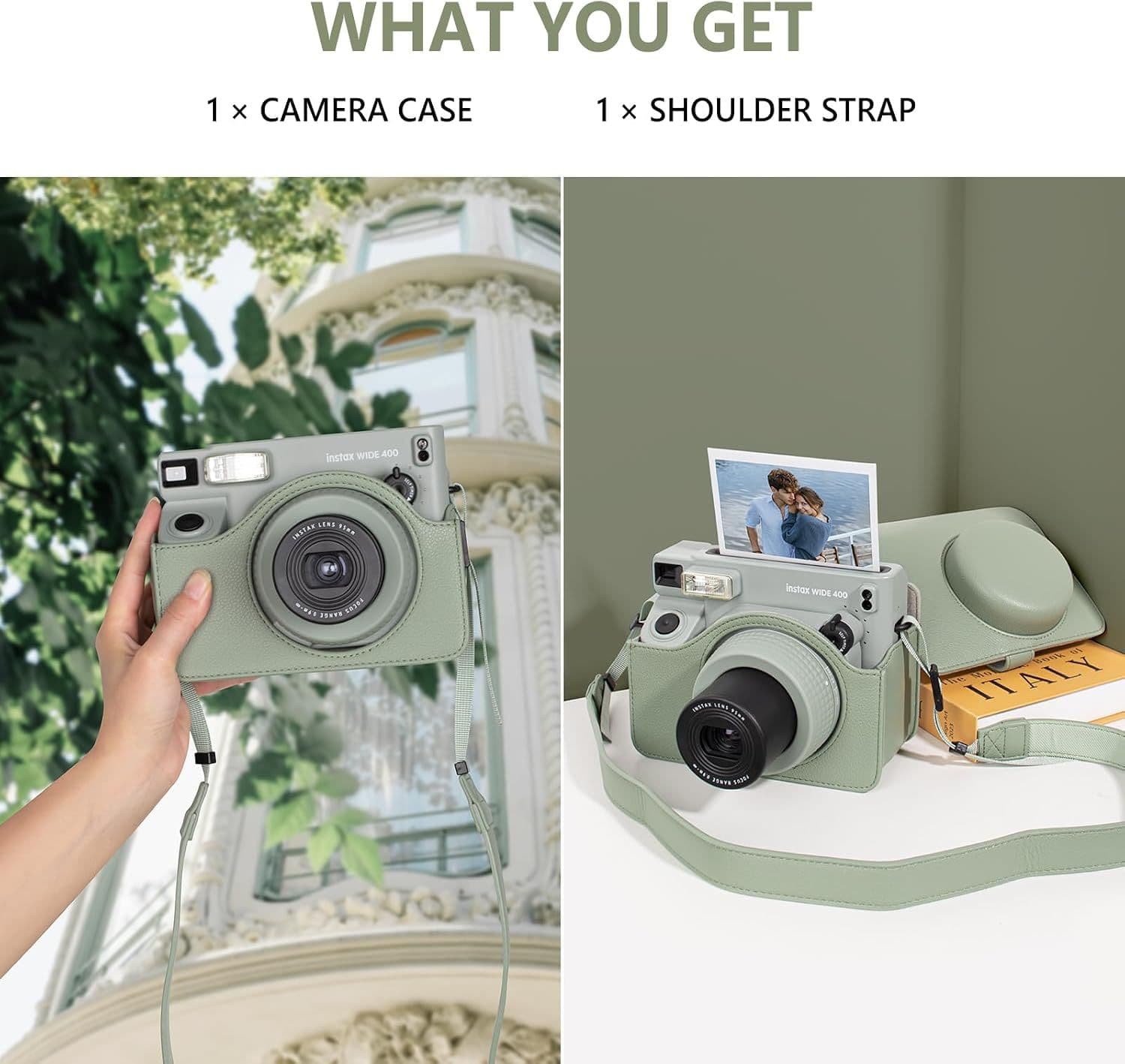 Camera Case PU Leather Protective Case Compatible for Instax WIDE 400 Instant Camera Adjustable Shoulder Strap Black