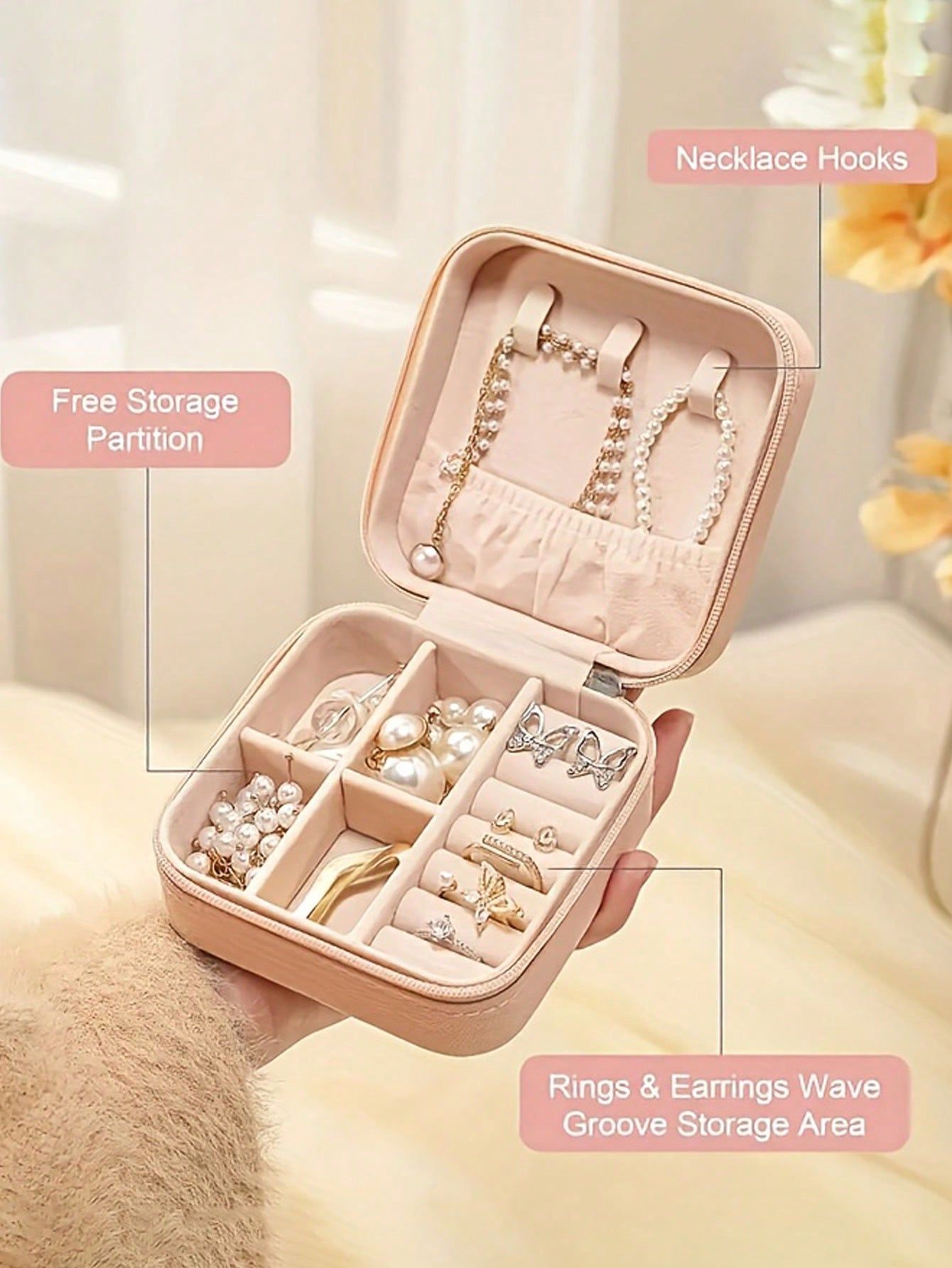 1pc Compact Jewelry Box Small PU Leather Storage Box For Women Travel Home Organizer Portable Zipper Pouch Pink Essentials For Earrings Necklaces Rings Valentine s Day Gift