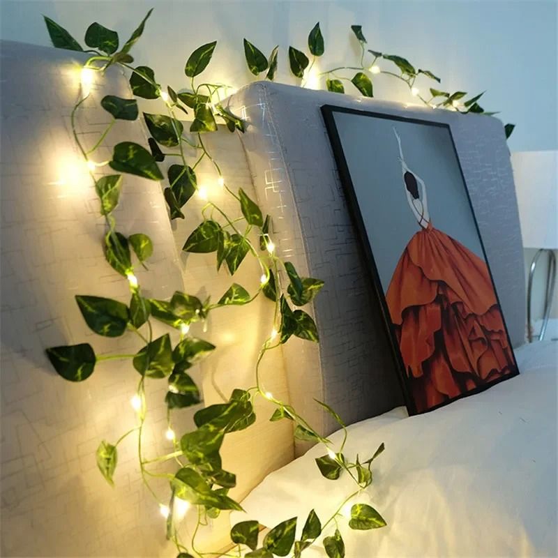 5M 50LED Green Leaf String Lights Artificial Vine for Wedding Party Christmas Home Wall Decoration Christmas Wreaths