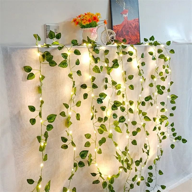 5M 50LED Green Leaf String Lights Artificial Vine for Wedding Party Christmas Home Wall Decoration Christmas Wreaths