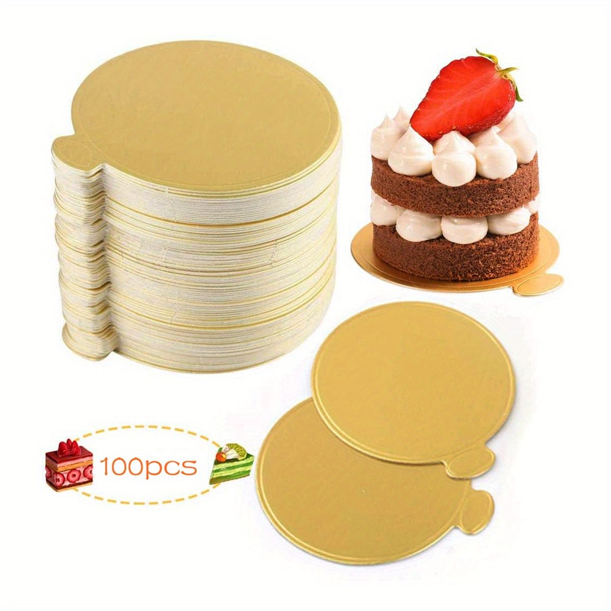 100pcs Mini Round Golden Cardboard Cake Base, Disposable Cupcake Boards 3.5in/9cm for Wedding Birthday Party