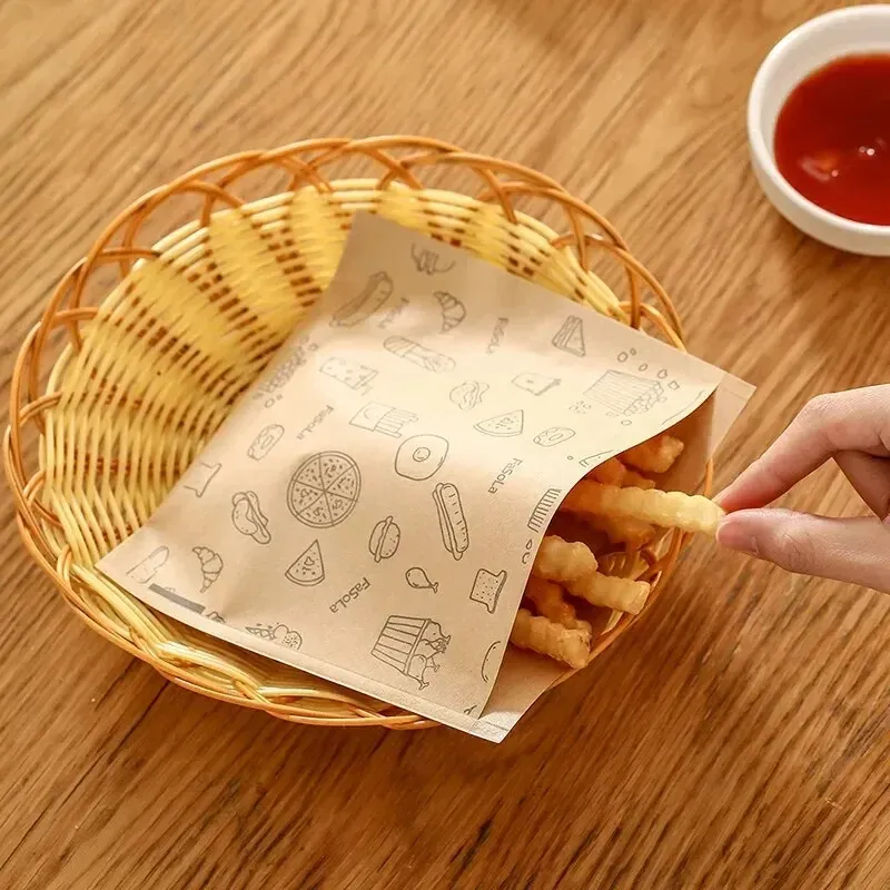 S-50PCS Grease-Resistant Paper Food Bags, Disposable Kraft Paper Bags for Baking and Air Fryer 15*17cm