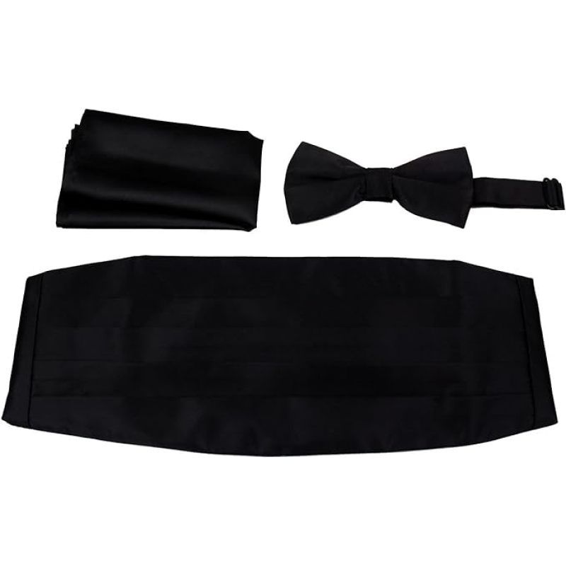 Formal Woven Satin Cummerbund Pre-Tied Bowtie set Many Solid Colors Available Solid Bow Tie Pocket Square Cummerbund Set