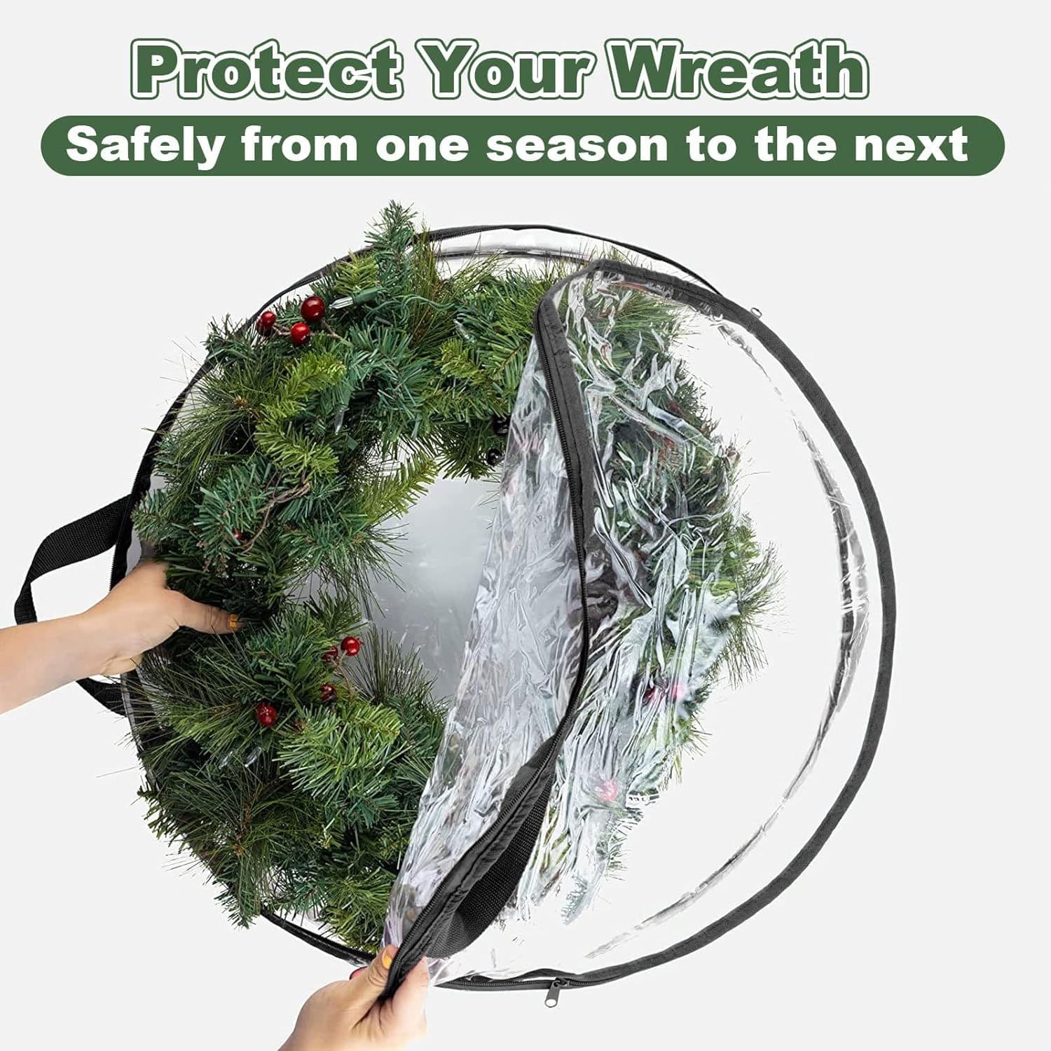 4 PCS Clear Wreath Storage Bag, 24x8 Inch Christmas Wreath Storage Container, Heavy Duty PVC Wreath Protector with Handle (Black)