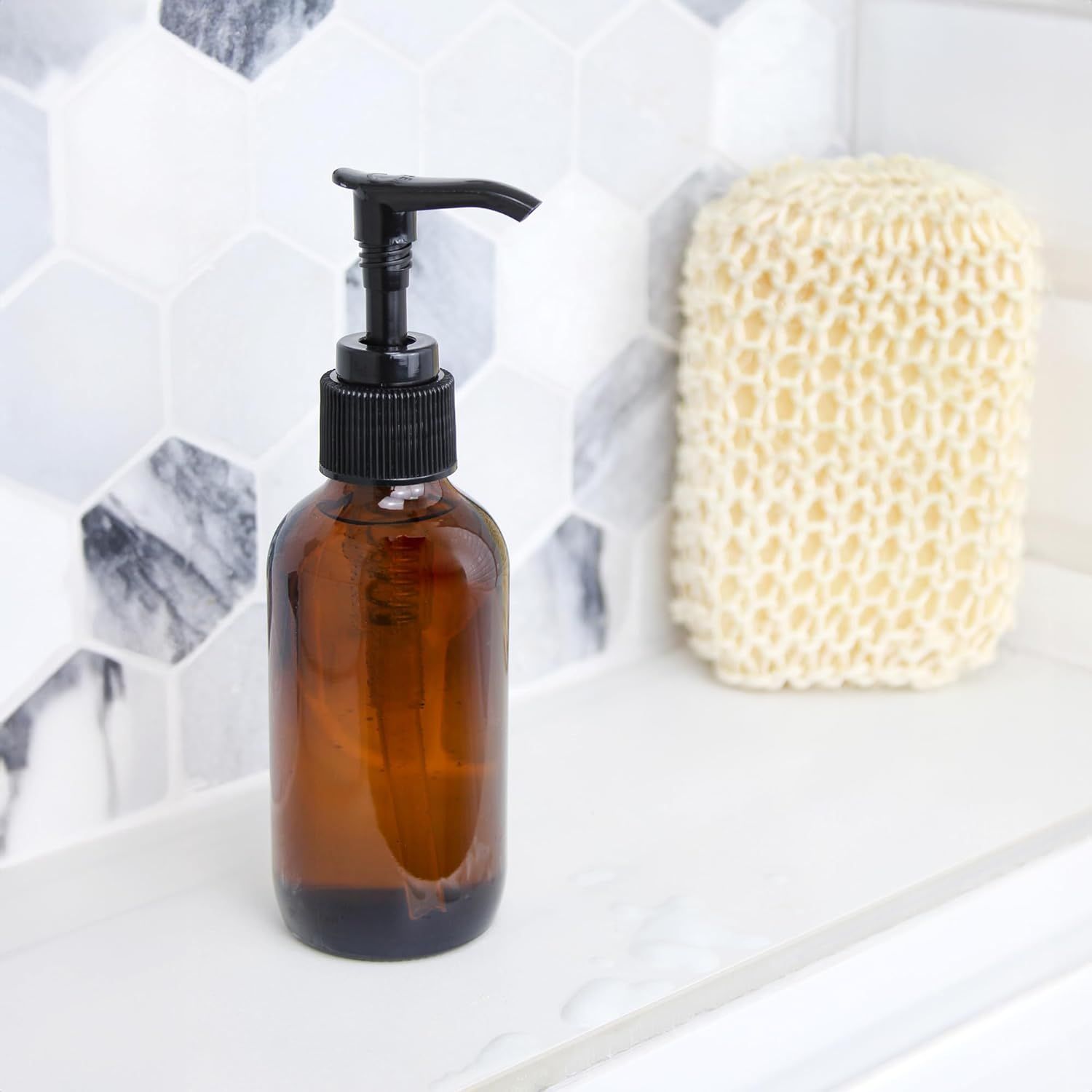 300ml Amber Glass Pump Bottles (4-Pack); Great for Lotions, Liquid Soap, Aromatherapy and More Split bottle