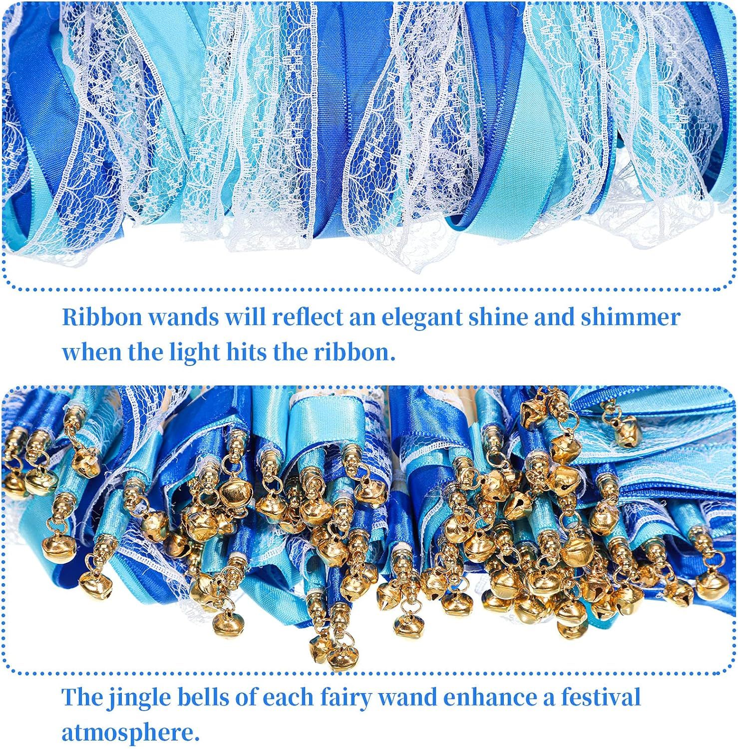60 Pieces Lace Ribbon Stick Wands with Bells Party Streamers with Bells Silk Fairy Stick Wand Streamers (Blue)