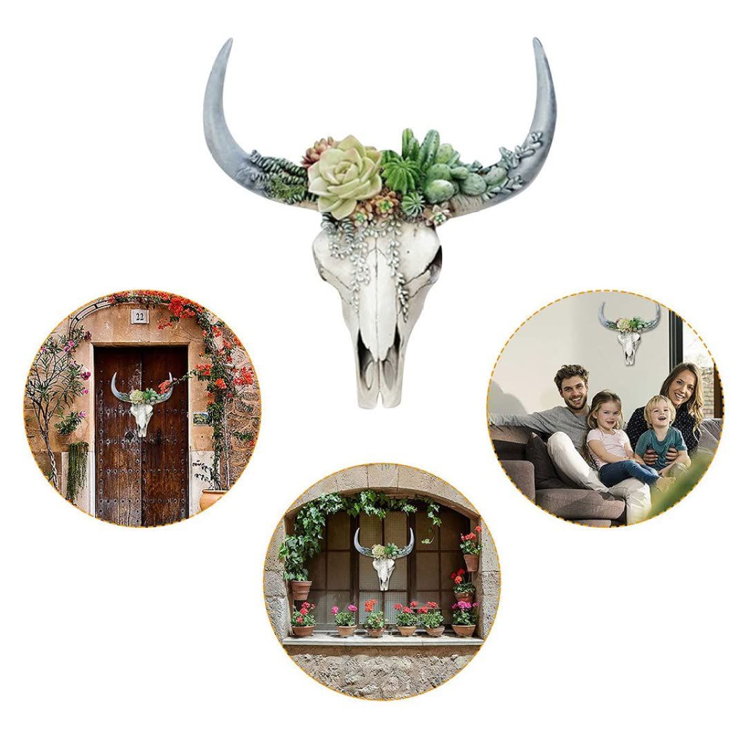Wall Decor, Cow Skull Wall Sculptures, Resin Longhorn Cow Skull Hanging Decor with Artificial Plants Flowers, Animal