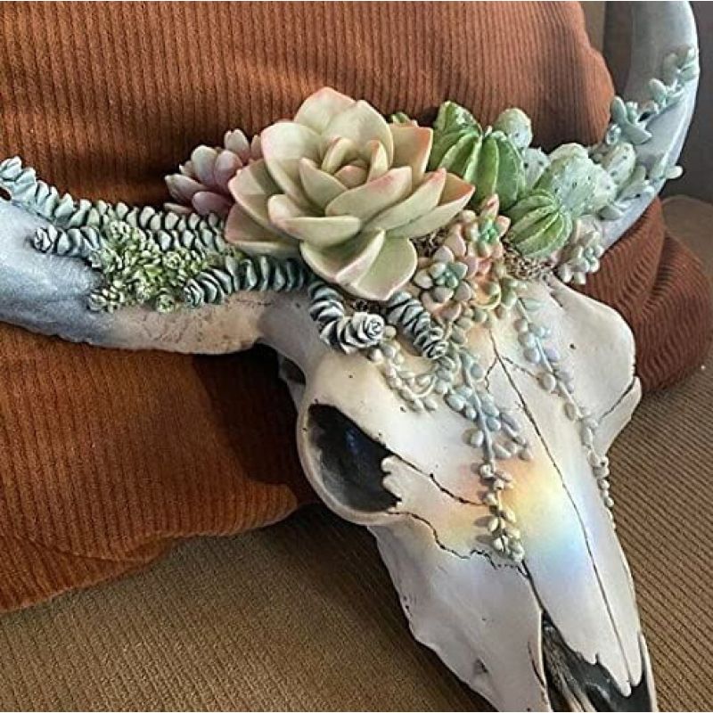 Wall Decor, Cow Skull Wall Sculptures, Resin Longhorn Cow Skull Hanging Decor with Artificial Plants Flowers, Animal